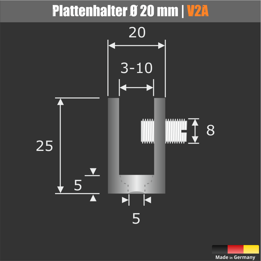 Plattenhalter Edelstahl Ø 20 mm rund Skizze mit Abmessungen