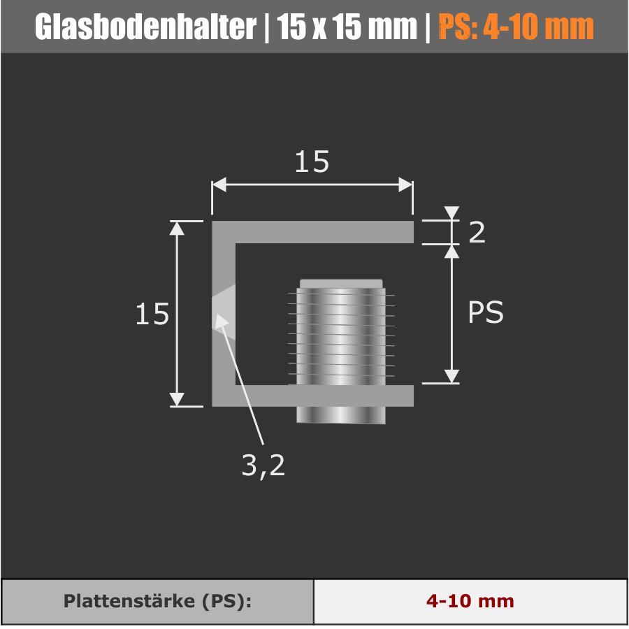 Glasbodenhalter | Regal-Halter | Messing chrom Skizze mit Maßen dunklem Hintergrund