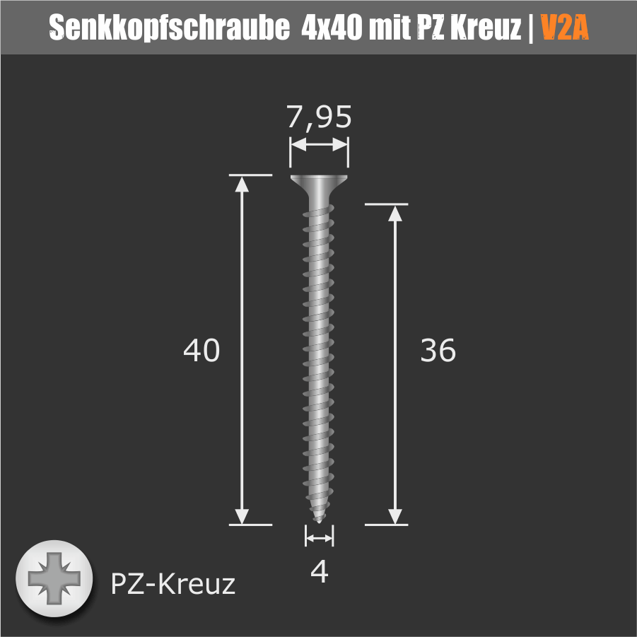Senkkopfschraube Vollgewinde 4x40mm Edelstahl V2A - A2 | Kreuz Skizze mit Bemaßung auf dunklem Untergrund