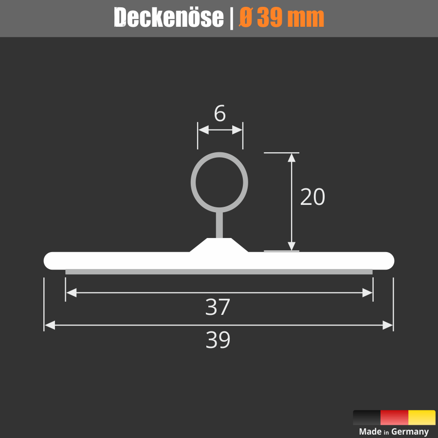 Klebe-Pads mit Öse 39 mm | Kunststoff+Metall | Deckenöse bis 400 g klebend Skizze mit Maße