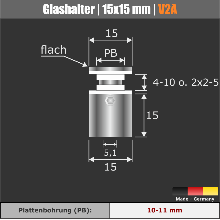 Glashalter Edelstahl V2A technische Zeichnung mit Maßen auf dunklem Hintergrund
