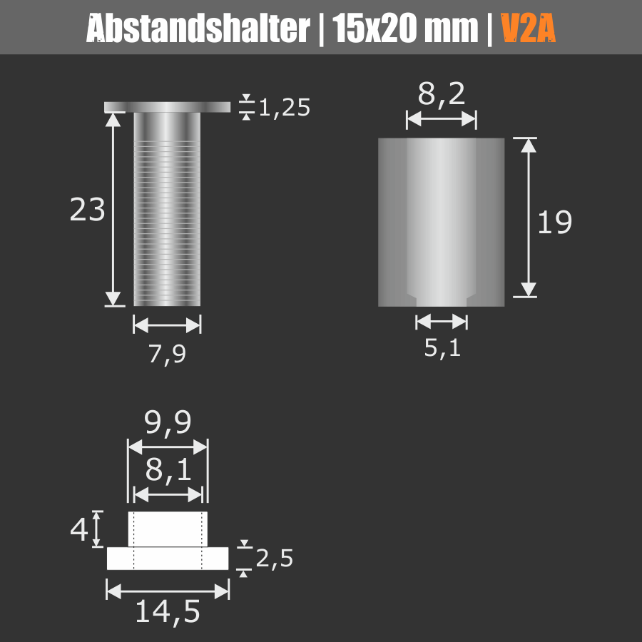 Glashalter Edelstahl V2A Skizze der einzelnen Bauteile mit Maßen auf dunklem Hintergrund