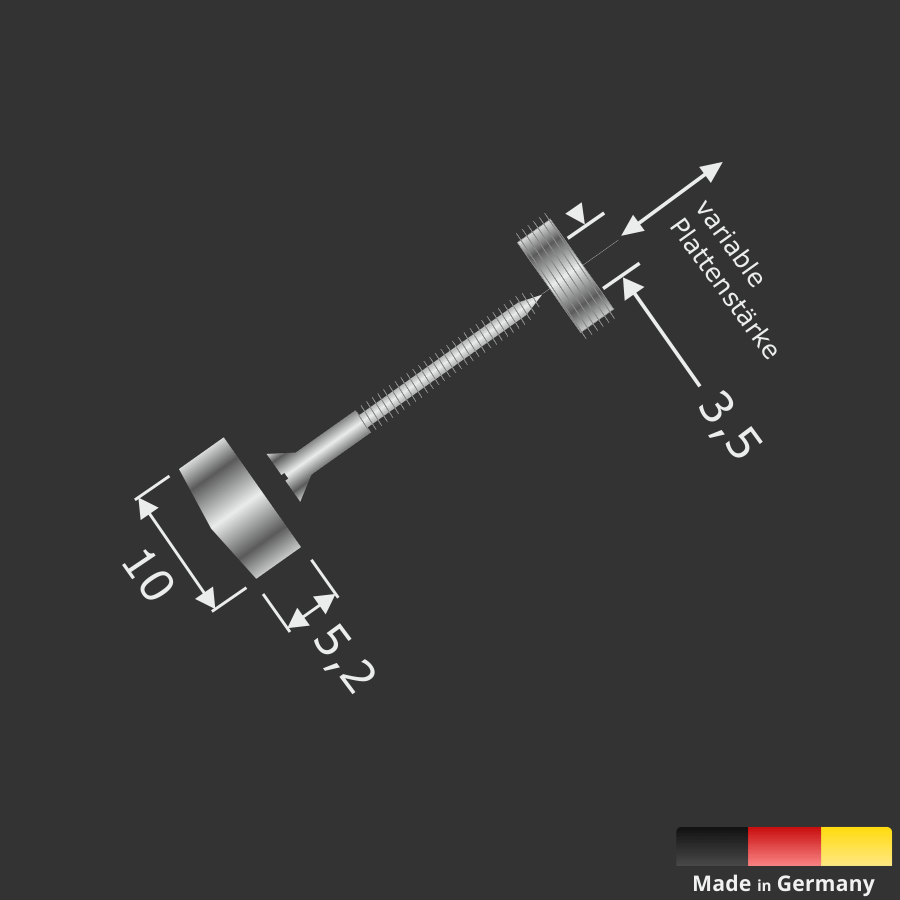 Zierkappe Chrom Edelstahl 10mm angeschrägt mit Gewindering Abmessungen