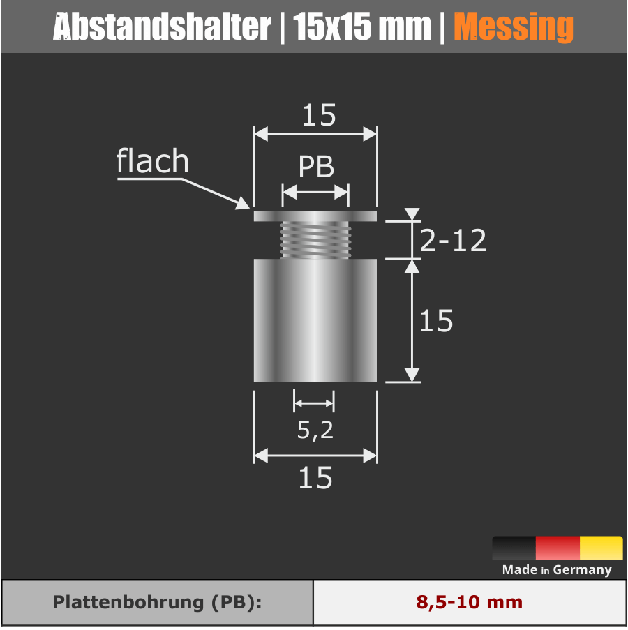 Abstandshalter schraubbar Messing Ø15 mm Skizze mit Abmessungen mit schwarzen Hintergrund