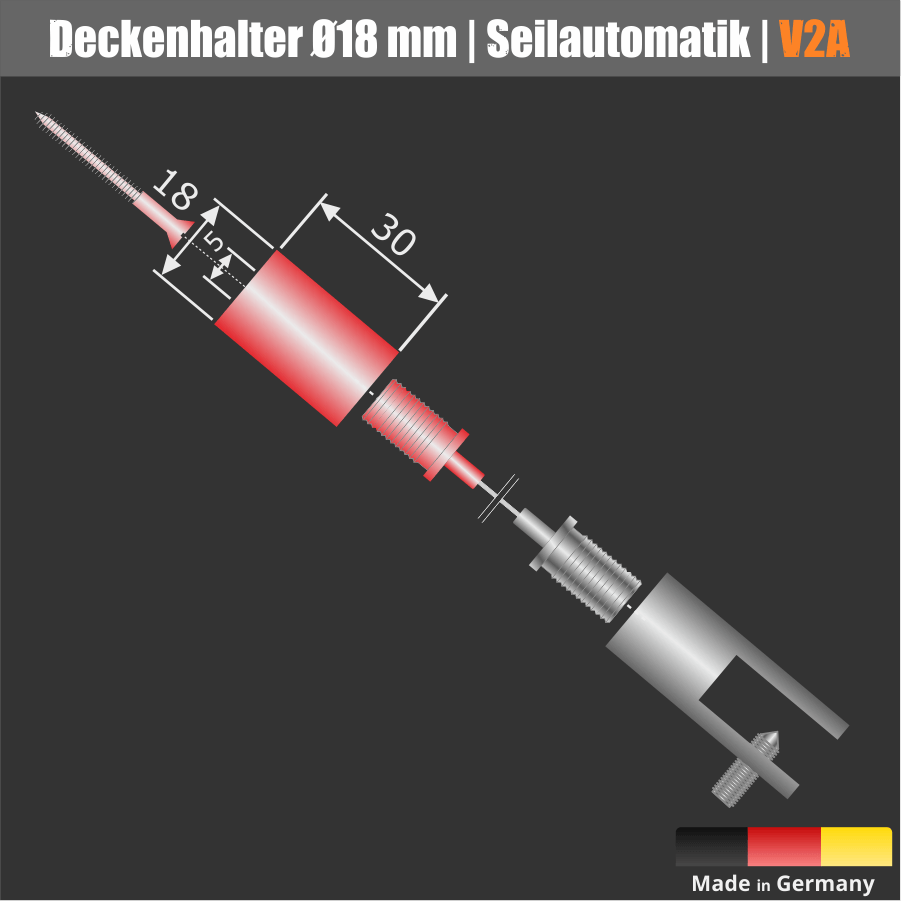 Deckenhalter aus Edelstahl mit Automatik Skizze mit Maßen auf dunklem Hintergrund