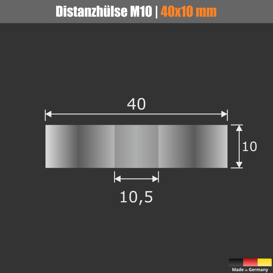 Distanzscheibe M10 Distanzhülse Edelstahl Skizze mit Maßen auf dunklem Hintergrund