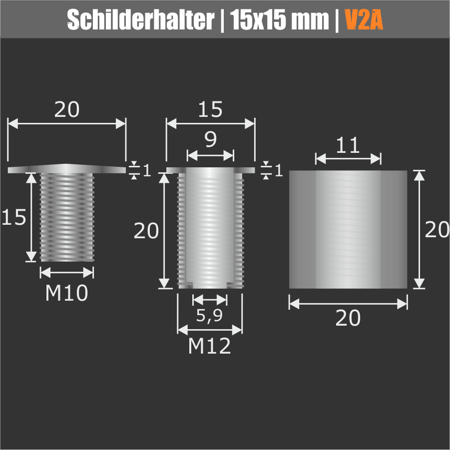 Schilderhalterung Edelstahl VA roh Ø 20mm Skizze der einzelnen Bauteile mit Maßen auf schwarzem Hintergrund
