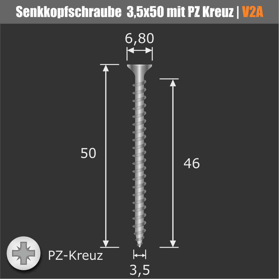Schraube 3,5 x 50 mm, Edelstahl V2A - A2, Senkkopf - Kreuz Vollgewinde Skizze mit Maßen auf dunklem Untergrund