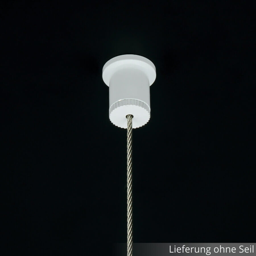 Seil Deckenbefestigung Seilabhänger für Kugelseil 1,5-2 mm | weiß montiert an Schwarzer Decke mit  herabhängendem Kugelseil 