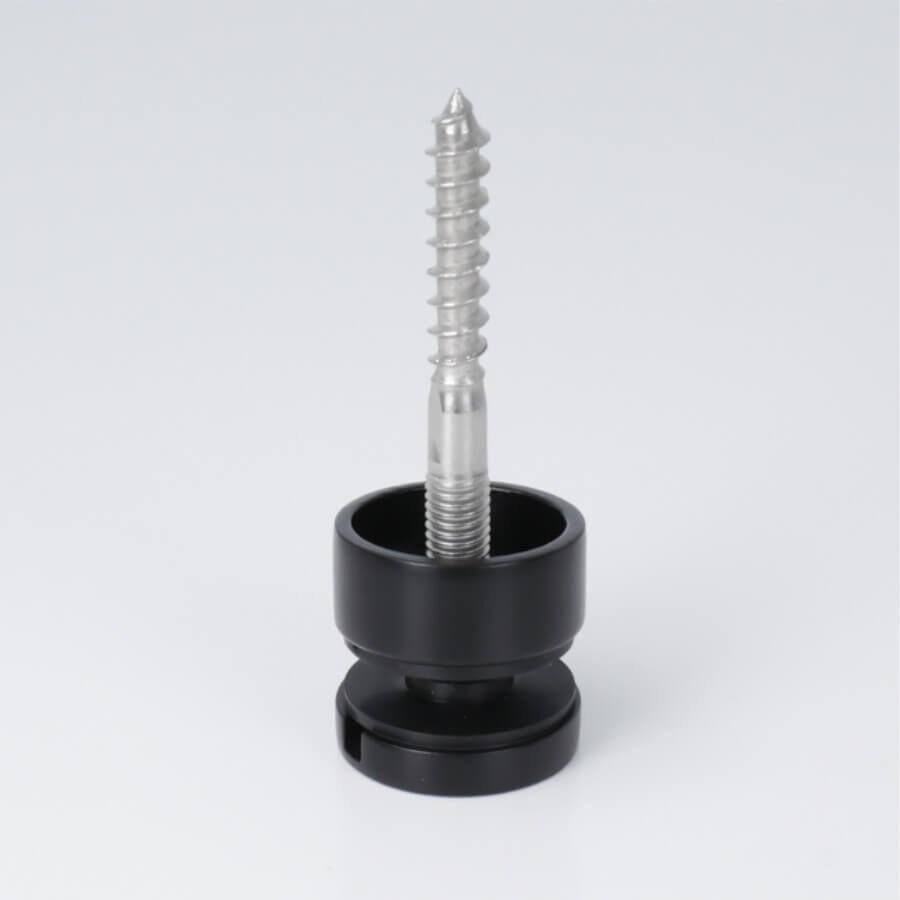 Glaspunkthalter V2A Ø30 mm schwarz stehend mit Stockschraube auf hellen Untergrund