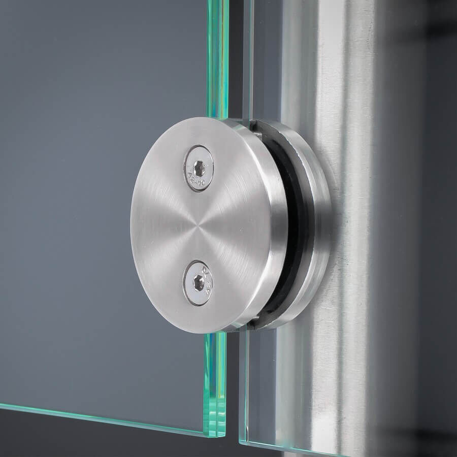 Glashalter Edelstahl rund Ø60mm beidseitig front Rohr montiert an Pfosten