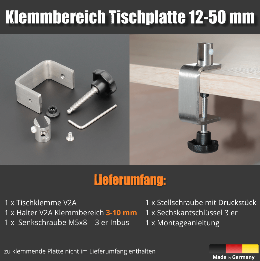 Tischklemme Spuckschutz Trennwand Edelstahl Lieferumfang mit einem Bild der fertigen Montage auf dunklem Hintergrund