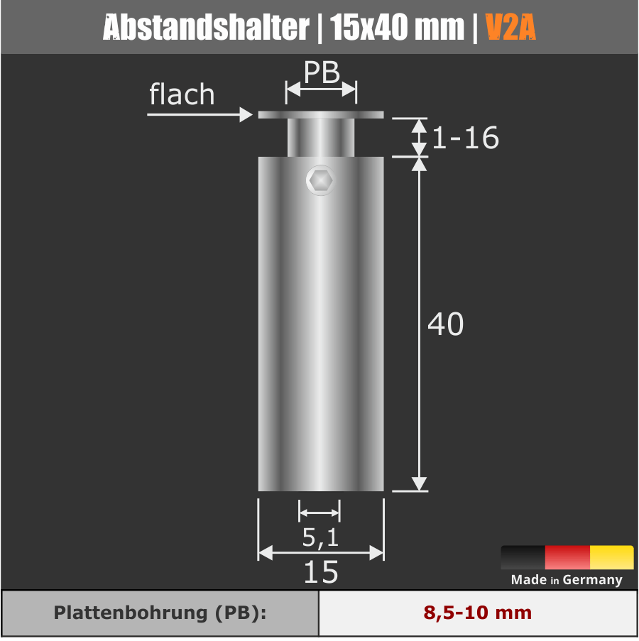 Abstandshalter Edelstahl Ø 15mm Skizze des Halters mit Maßen auf dunklem Hintergrund