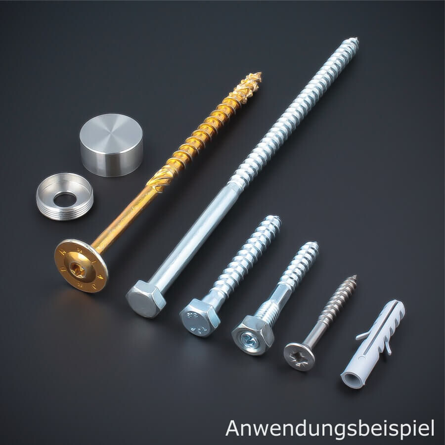 Abdeckkappe für große Schrauben Edelstahl liegend Beispiele Schrauben auf dunklem Untergrund