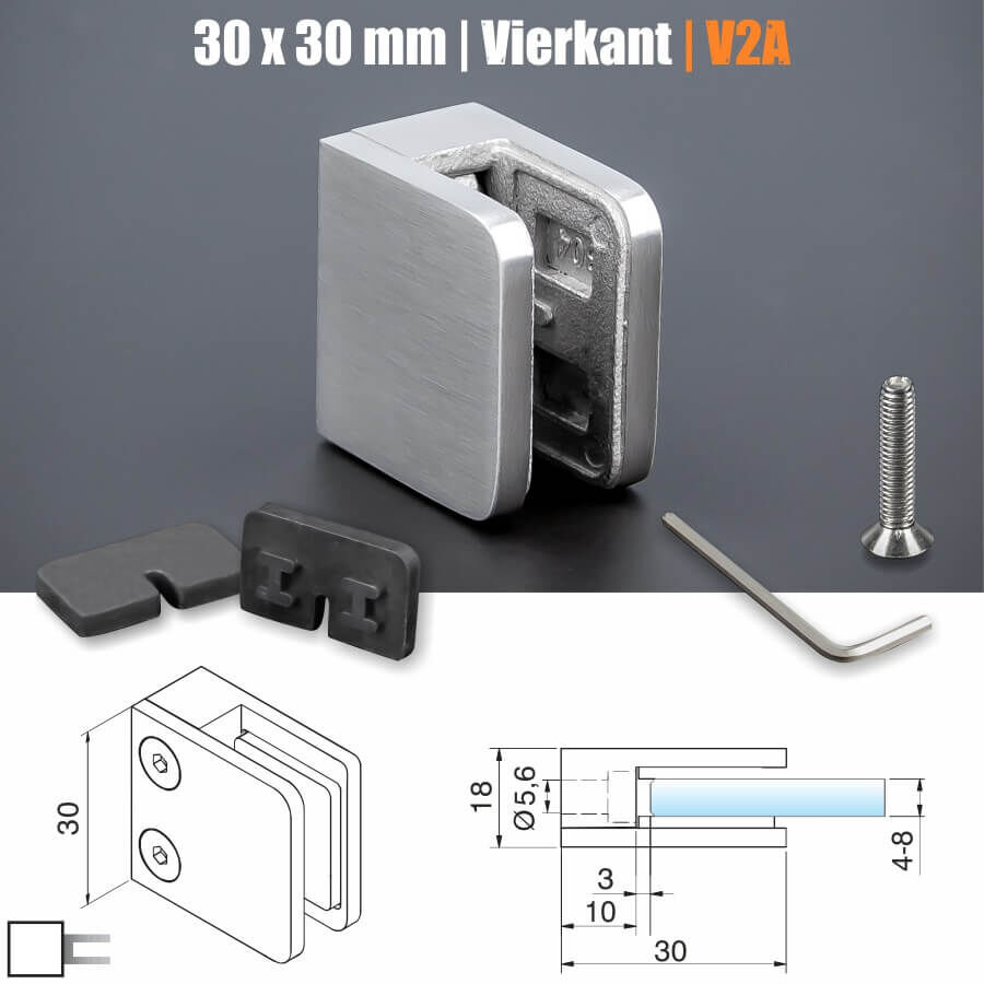 Glashalterung Edelstahl V2A 30 x 30 mm Skizze mit Bemaßung auf dunklem Hintergrund