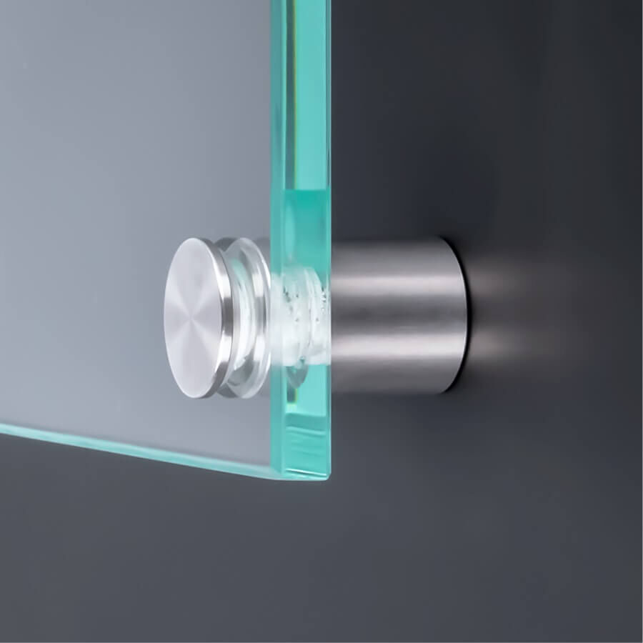 Edelstahl Abstandshalter V2A Ø 15  mm WA: 15 mm PS: 3-12 mm montiert mit Glasscheibe an der Wand