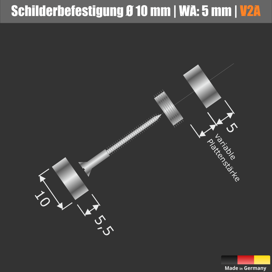 Schilderbefestigung Edelstahl V2A Ø 10x5mm Skizze Komplettset mit Abmessungen