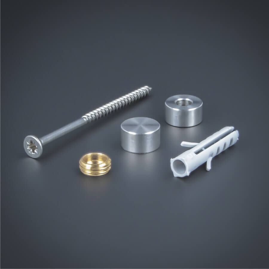 Schilderbefestigung Edelstahl V2A Ø 10x5mm Lieferumfang auf dunklem Untergrund