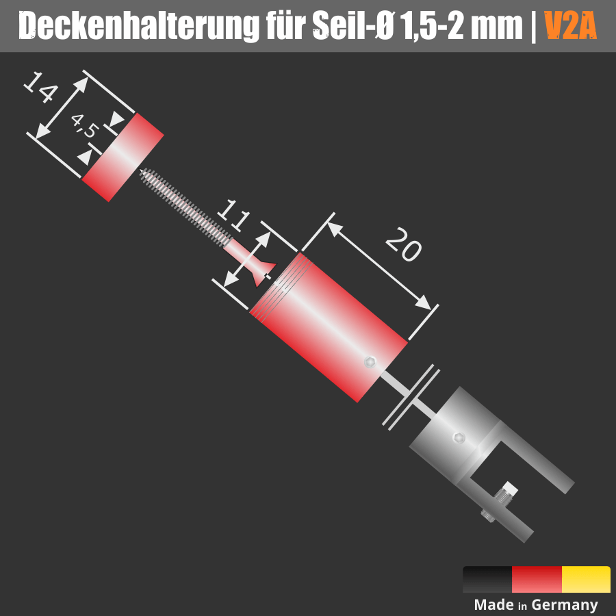 Deckenhalterung Edelstahl für Seile Skizze mit Maßen