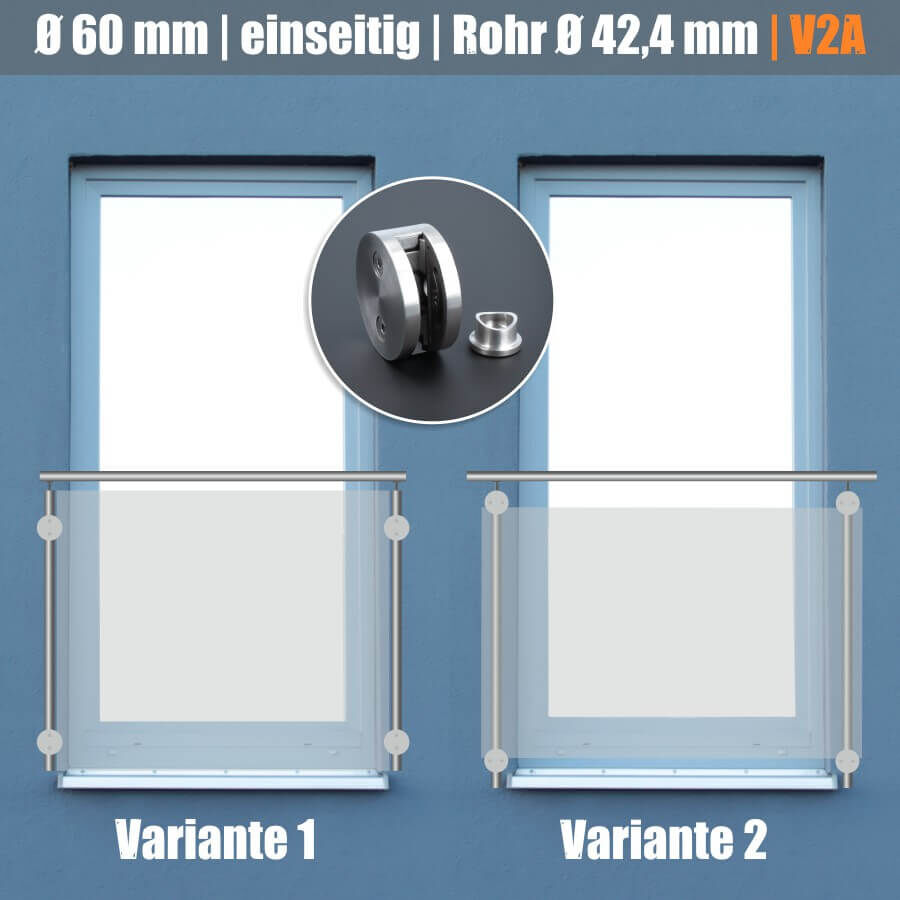 Glashalter Edelstahl rund Ø60mm einseitig front Rohr Ø42,4mm Anwendungsbeispiel Fassade