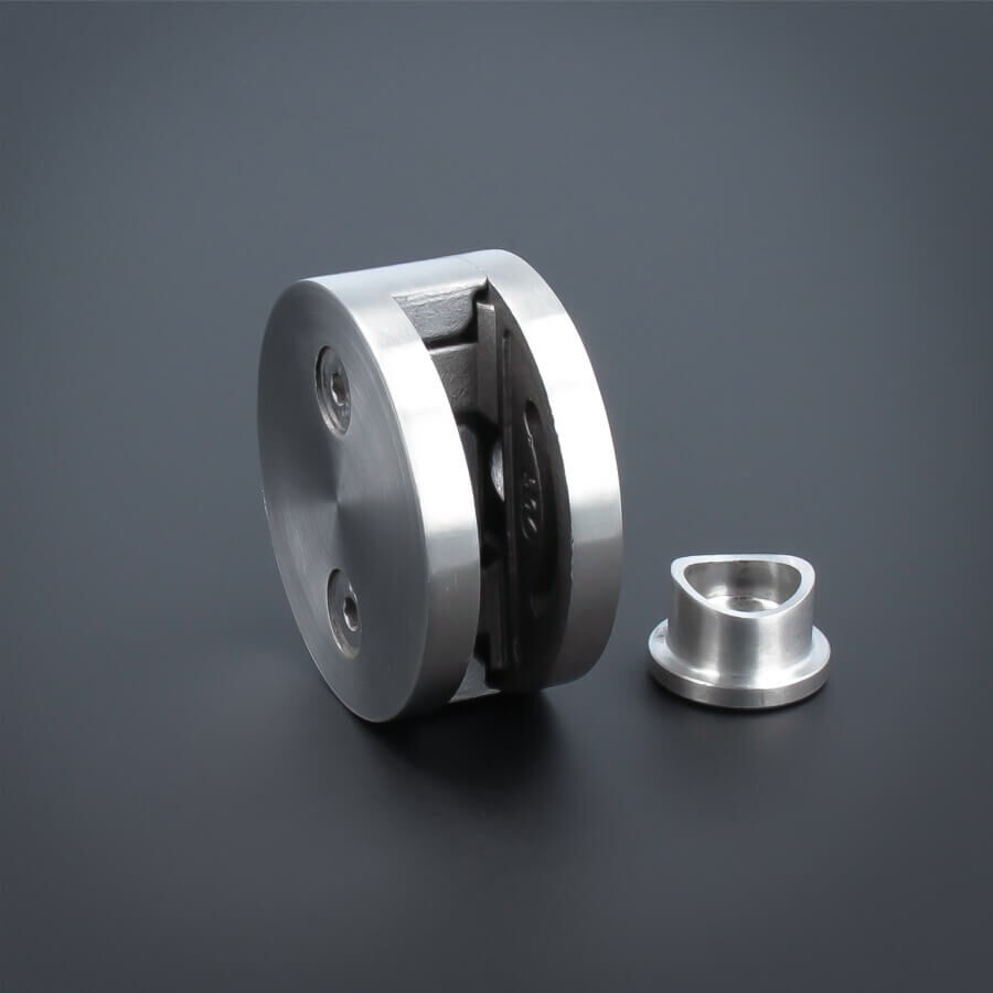 Glashalter Edelstahl rund Ø60mm einseitig front Rohr Ø42,4mm mit Hülse auf dunklem Untergrund
