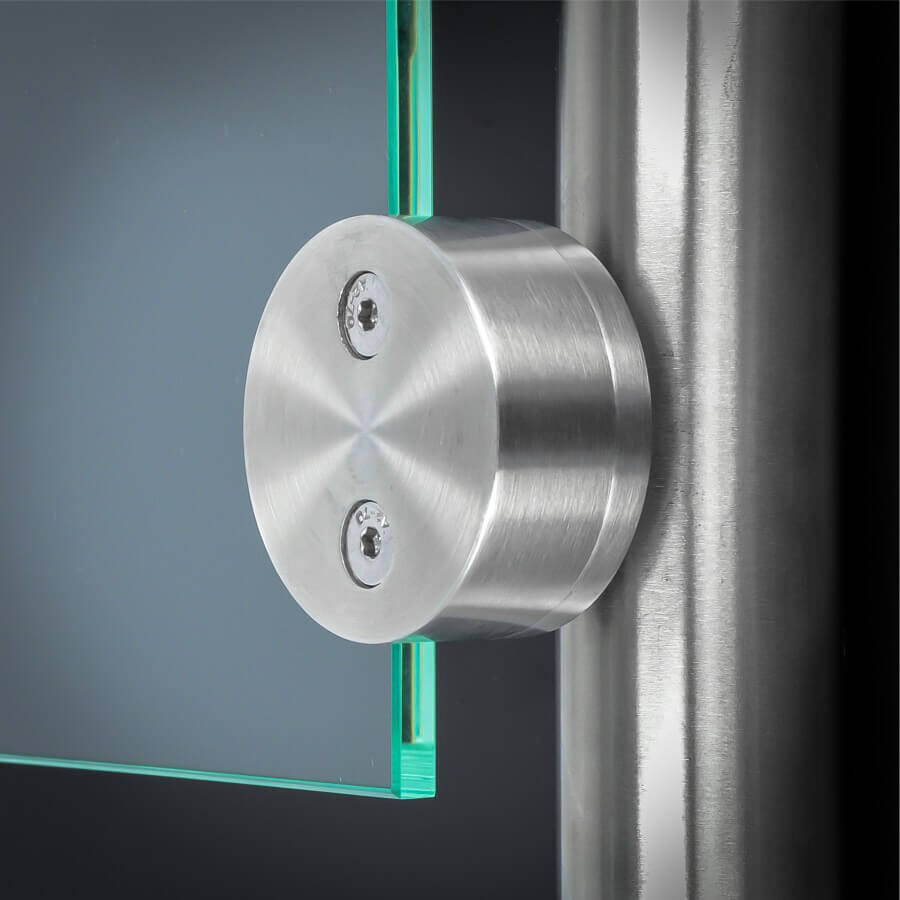 Glashalter Edelstahl rund Ø60mm einseitig front Rohr Ø42,4mm montiert an Pfosten