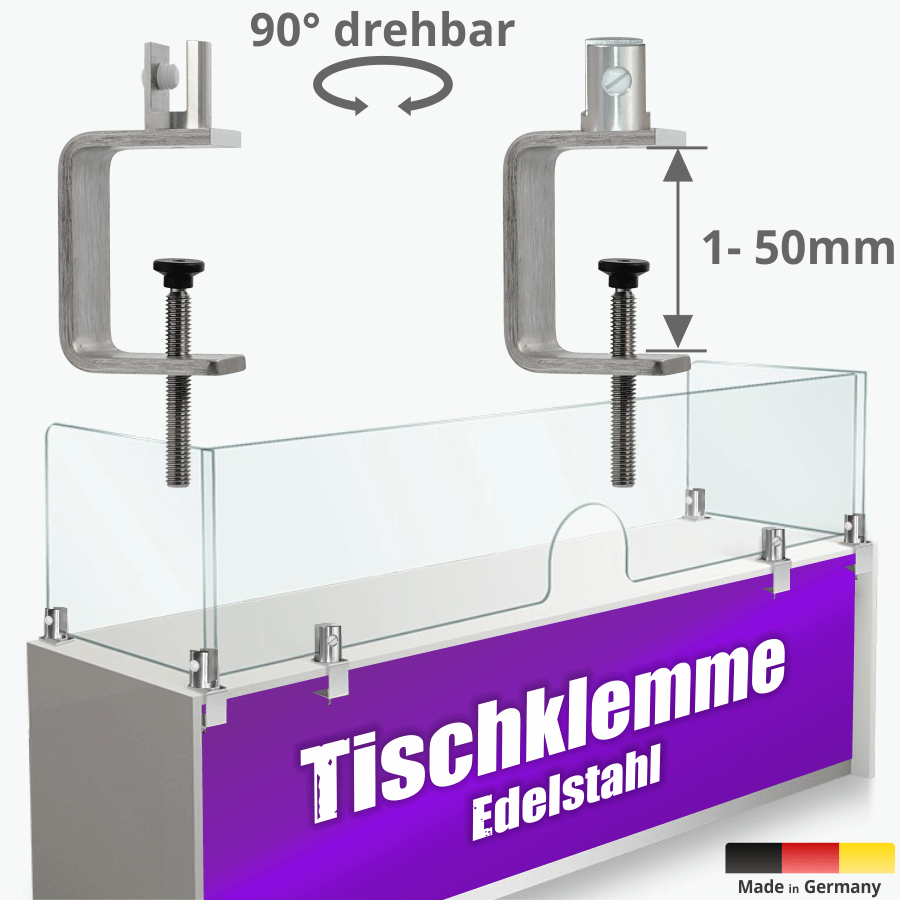 Tischstärke: 1-50 mm | PS: 3-10 mm | Innensechskant Tischklemme Spuckschutz Plexiglas abgebildete Anwendungsbeispiele mit mehreren Haltern in heller Umgebung