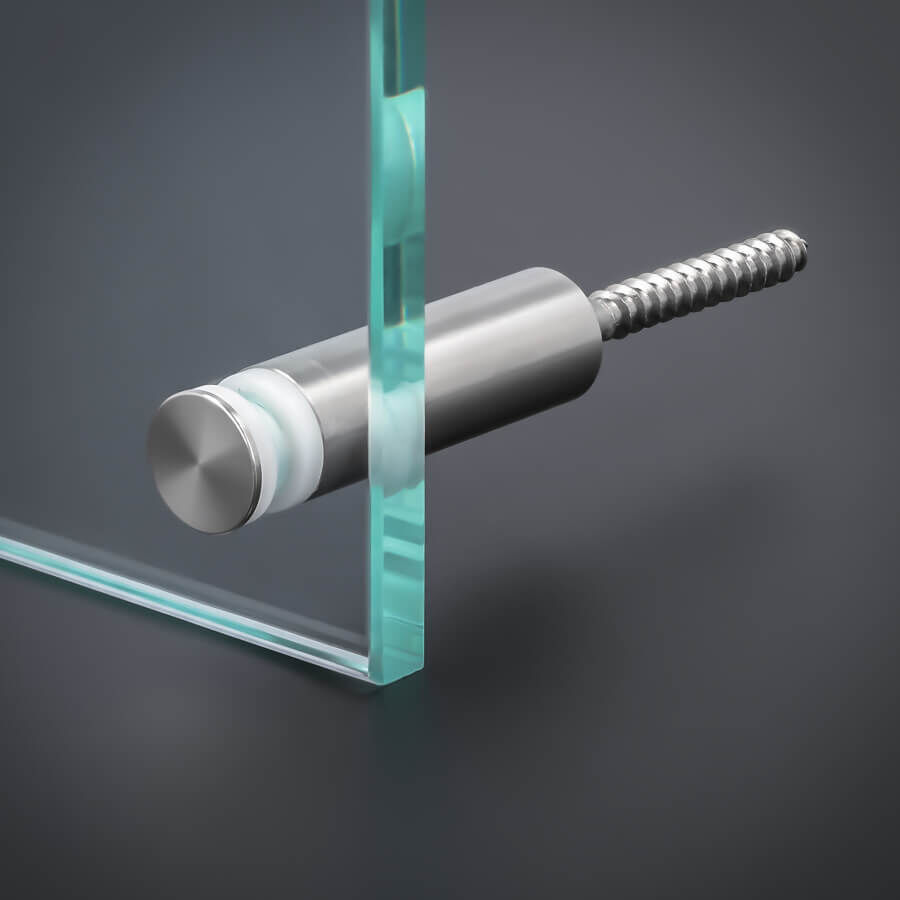 Glashalter Edelstahl Ø15x40mm montiert an einer Scheibe mit Stockschraube im Boden auf dunklem Untergrund