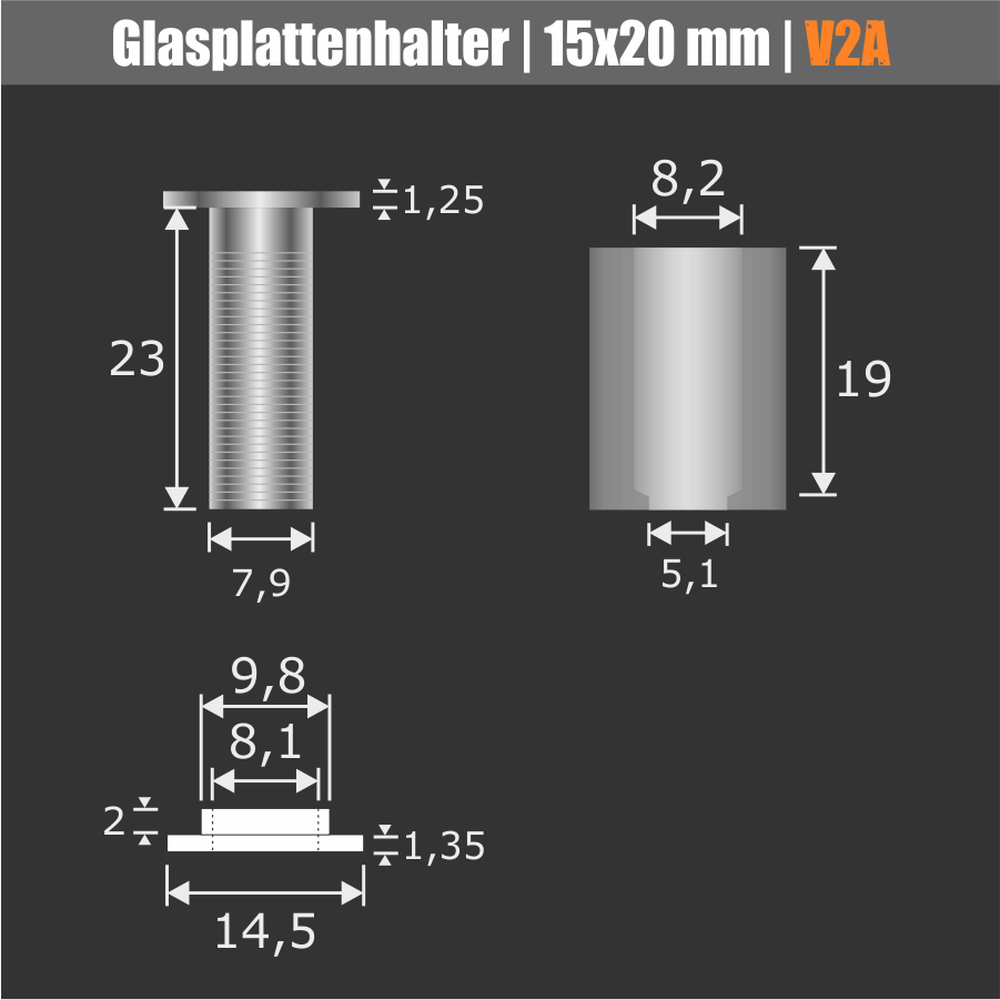 Glasplattenhalter V2A  technische Zeichnung mit Bemaßung auf dunklem Hintergrund