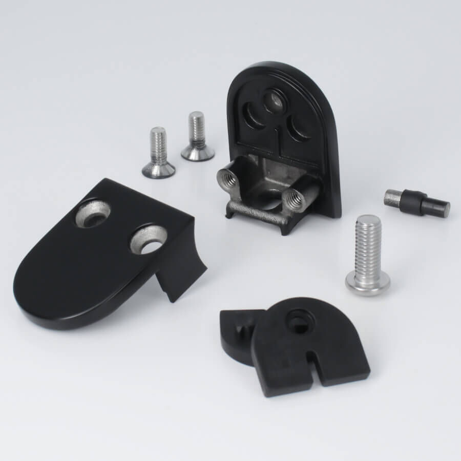 Glashalter Edelstahl V2A 50 x 40 mm schwarz RAL9005 halbrund Lieferumfang auf hellen Untergrund