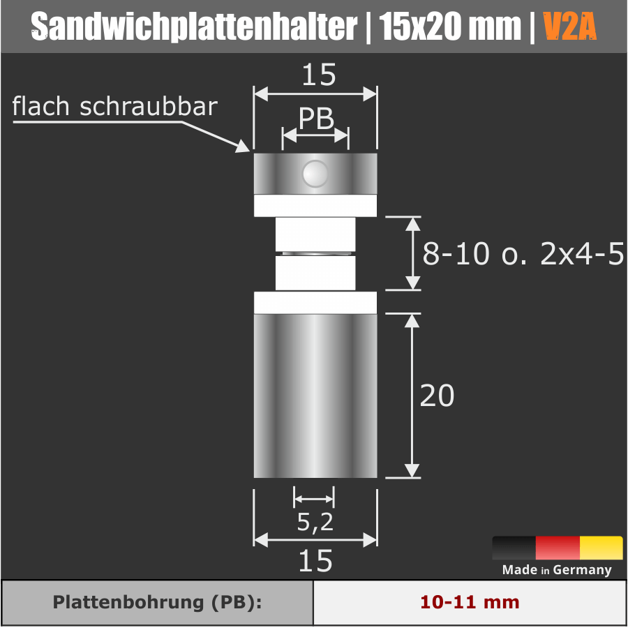 Sandwichplattenhalter Edelstahl V2A technische Zeichnung mit Maßen auf dunklem Hintergrund