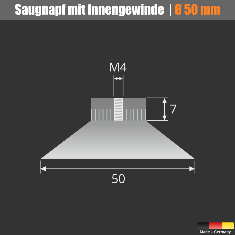 Saugnäpfe Ø 50 mm Skizze mit Maßen auf dunklem Hintergrund