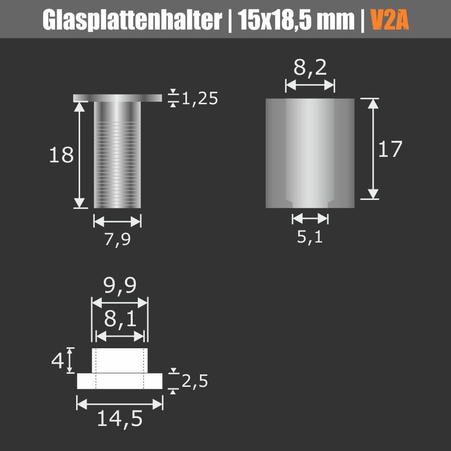 Glasplattenhalter Edelstahl V2A Skizze der einzelnen Bauteile mit Maßen auf dunklem Hintergrund