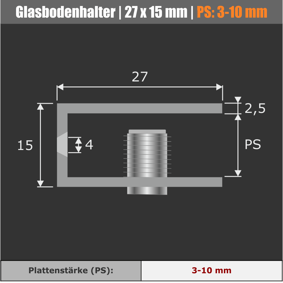 Glasbodenhalter | Regal-Halter | Messing chrom Skizze mit Maßen auf dunklem Hintergrund
