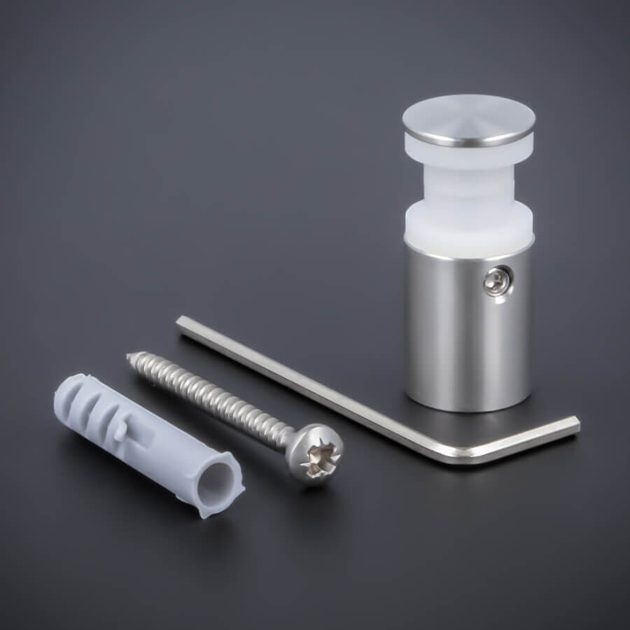 Glasplattenhalter Edelstahl V2A Lieferumfang auf dunklem Untergrund