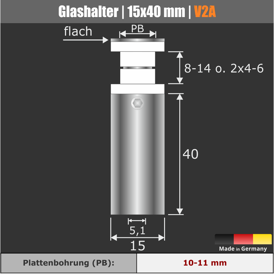 Glashalter lang Edelstahl 15x40 mm Skizzen