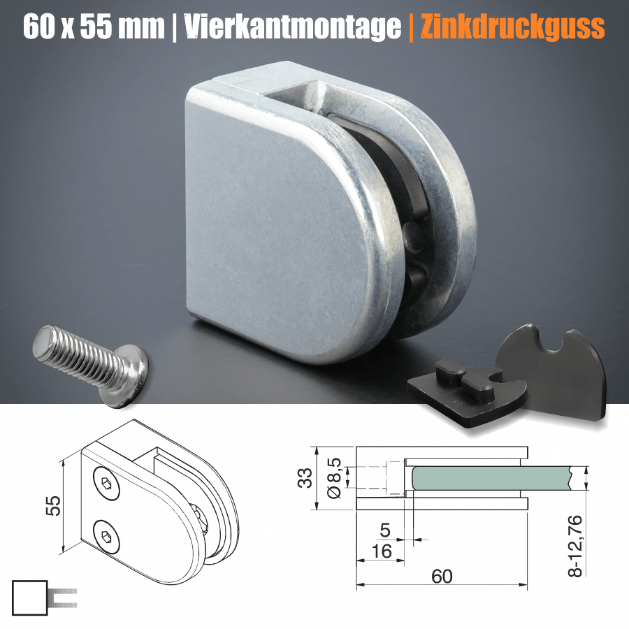 Glashalter Zinkdruckguss halbrund 60x55 mm Skizze mit Maße