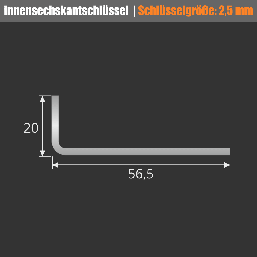 2,5mm Innensechskantschlüssel für Madenschrauben Innensechskant Skizze mit Bemaßung auf dunklem Untergrund