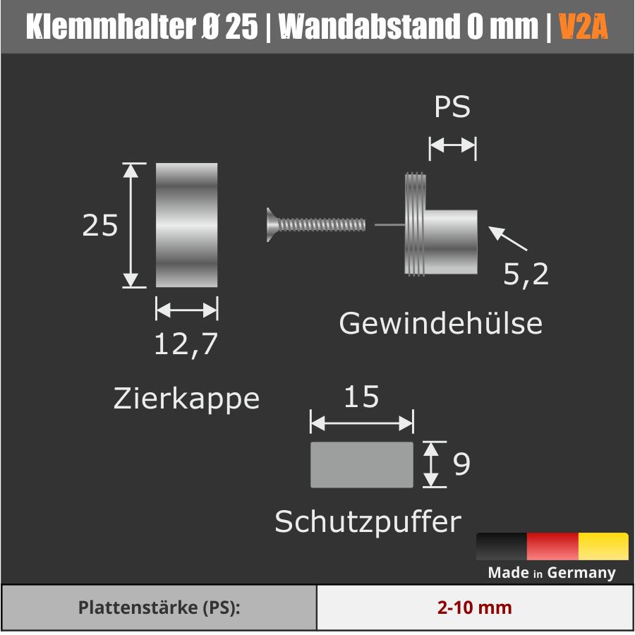 Glashalter Klemmhalter Edelstahl Ø25mm für schwere Platten mit Skizze und Maßen