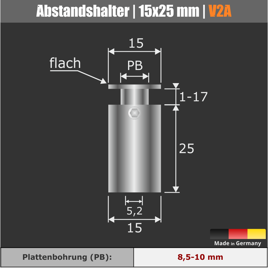 Werbeschild-Befestigung V2A Skizze mit Maßen auf schwarzem Hintergrund