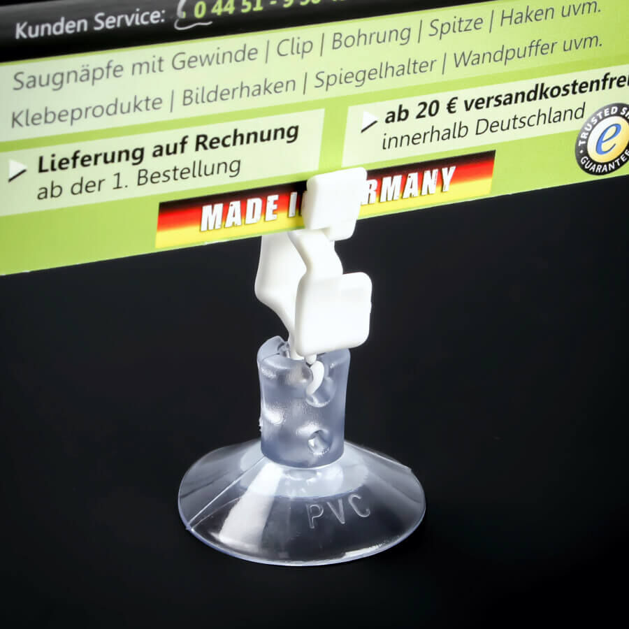 Saugnäpfe Ø 30 mm für Lichterketten | Saugnapf mit Schlitz-Loch | Deko stehend auf dunklem Untergrund mit einer Karte im Schlitz
