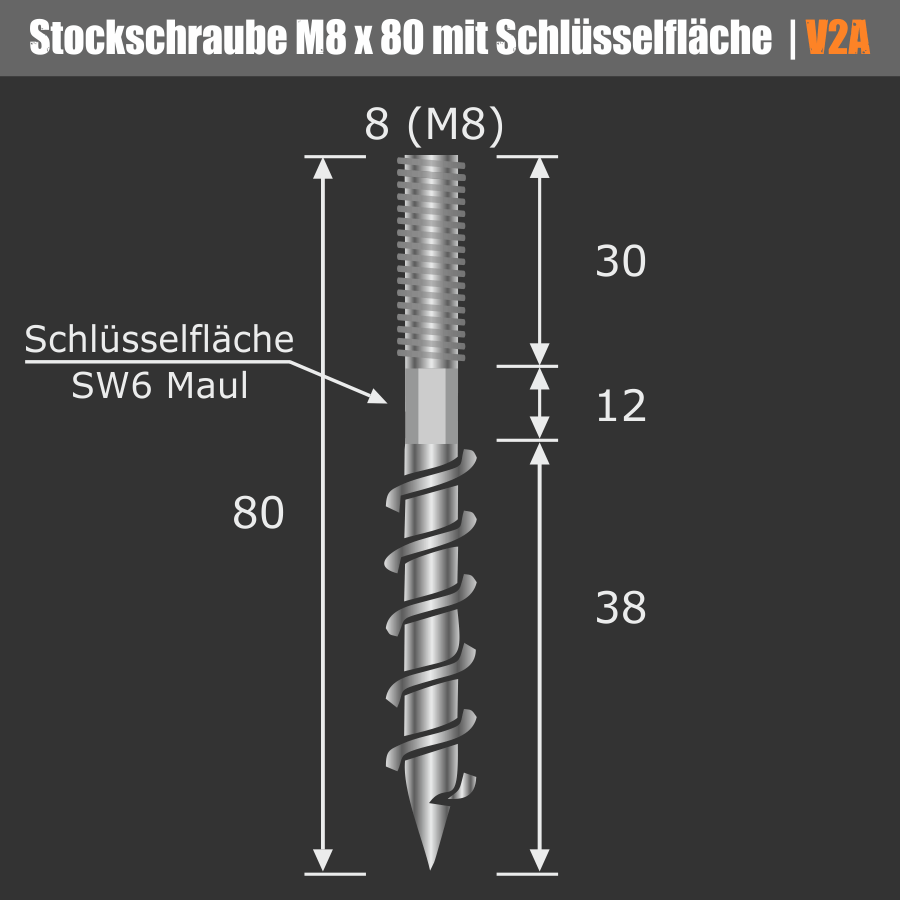 Stockschraube Skizze Maße auf schwarzem Untergrund