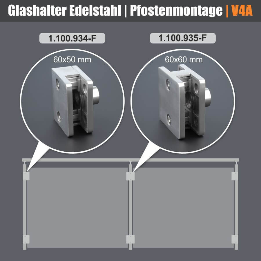 Glashalter Edelstahl eckig 60 x 50 mm einseitig Montagebeispiel für die Pfostenmontage