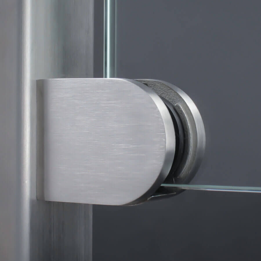 Glashalter Sicherungs-Platte+Stift mit einer Glasscheibe an einem 4-Kanktrohr befestigt