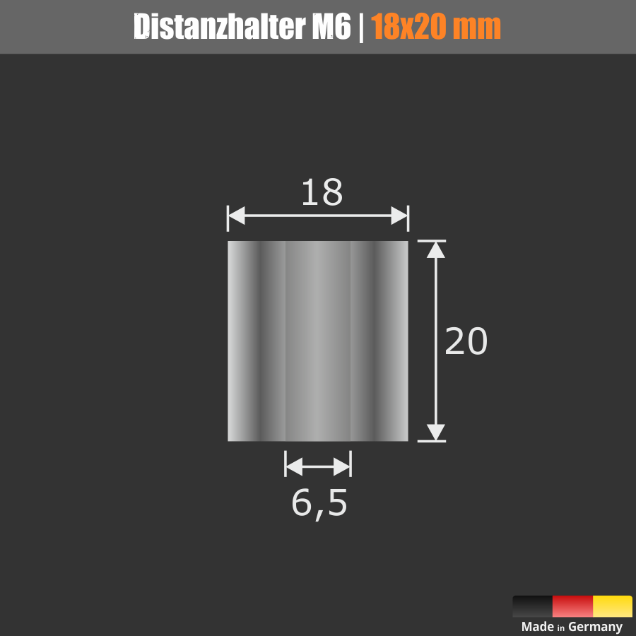 Distanzring M6 | Abstandshülse Edelstahl Ø 18x20 mm Skizze mit Maßen und dunklem Hintergrund