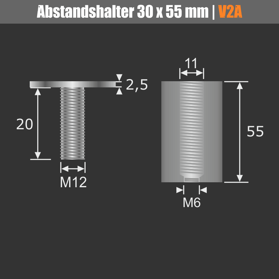 Großer Kleiderhaken Edelstahl Kopf-Ø:35mm Skizze der einzelnen Bauteile mit Maßen auf schwarzem Hintergrund