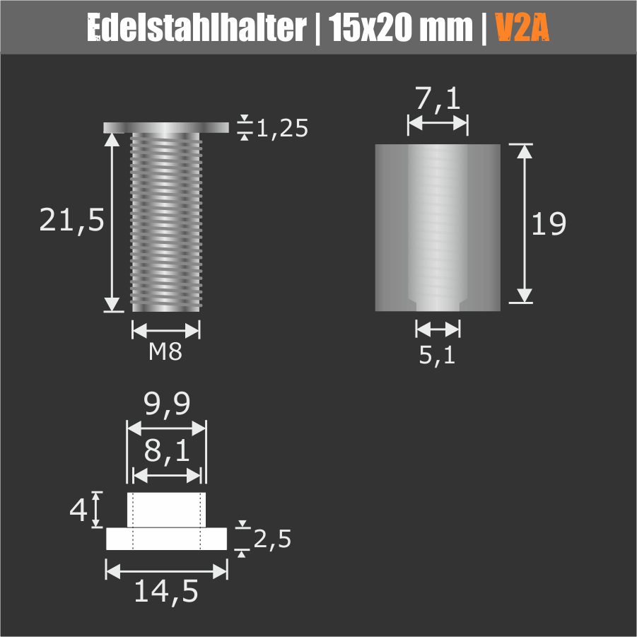 Edelstahlhalter schraubbar Skizze der einzelnen Bauteile mit Maßen auf dunklem Hintergrund