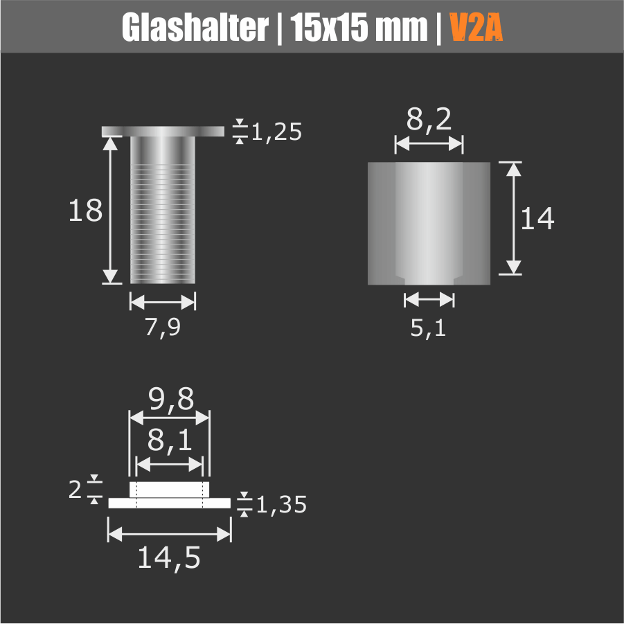 Glashalter Edelstahl V2A Skizze der einzelnen Bauteile mit Maßen auf dunklem Hintergrund