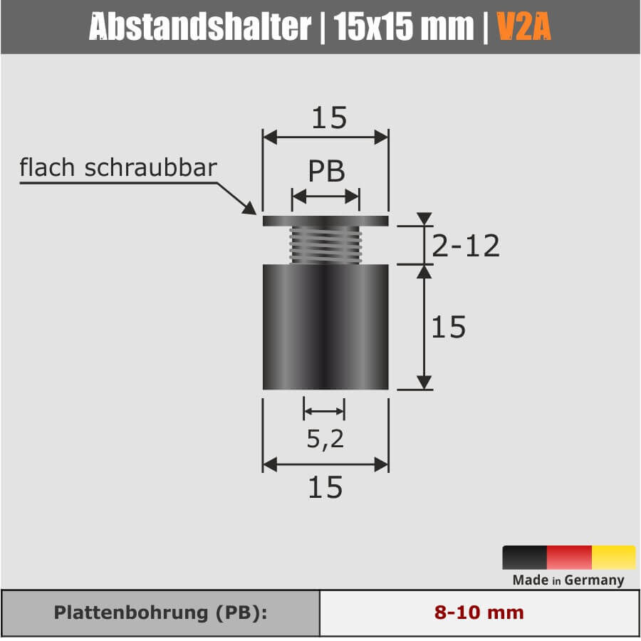 Abstandshalter schraubbar Edelstahl V2A Ø15mm Skizze mit Maßen auf hellem Hintergrund
