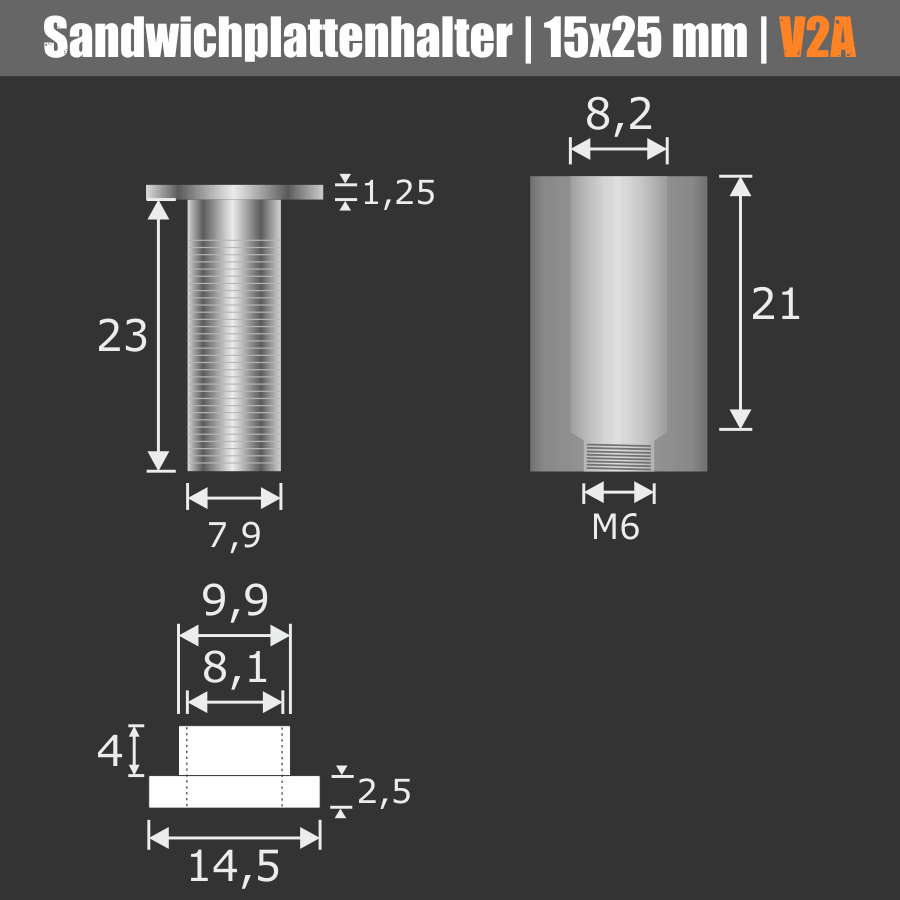 Sandwichplattenhalter Madenschraube technische Zeichnung mit Maßen auf dunklem Hintergrund